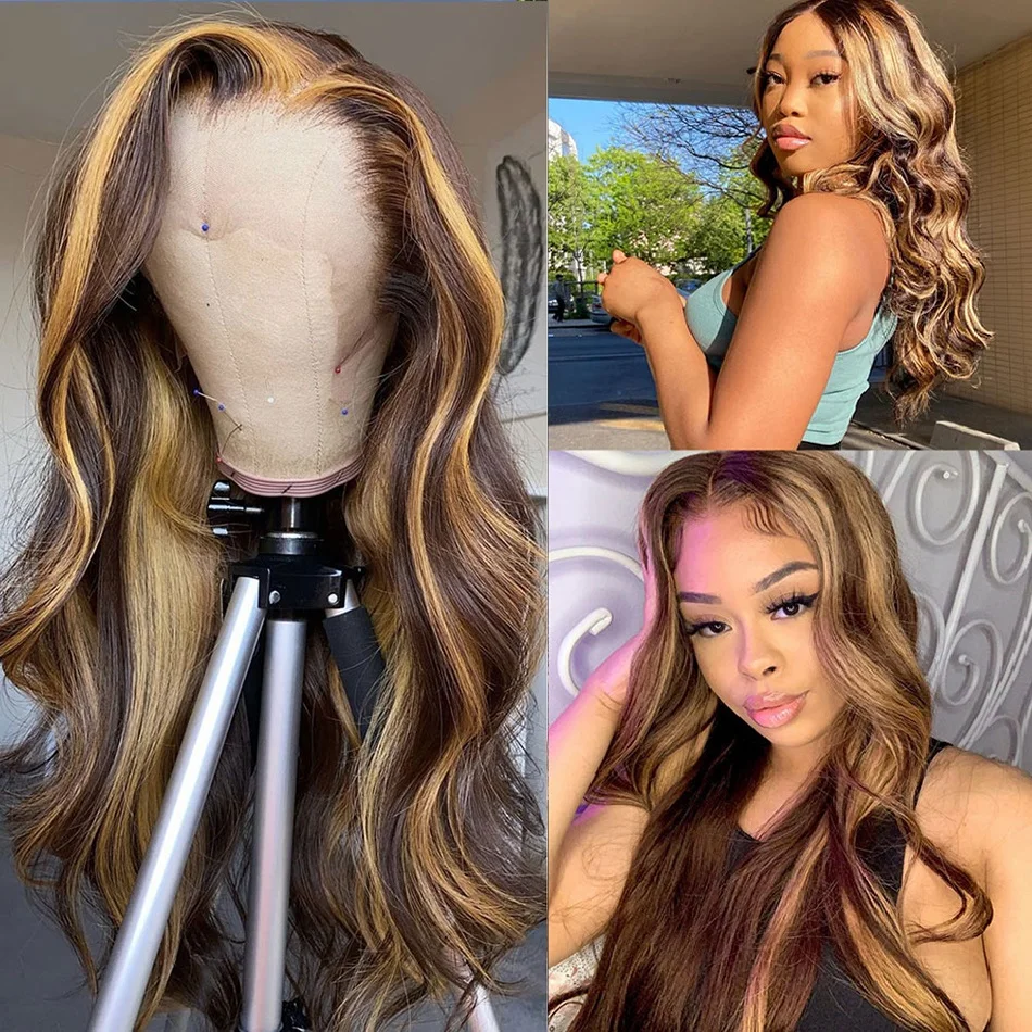 Cheap Human Hair Lace Front Wig with Low Price Highlighted Water Wave Wig Highlights Manufacturer in China with Brown Swiss Lace