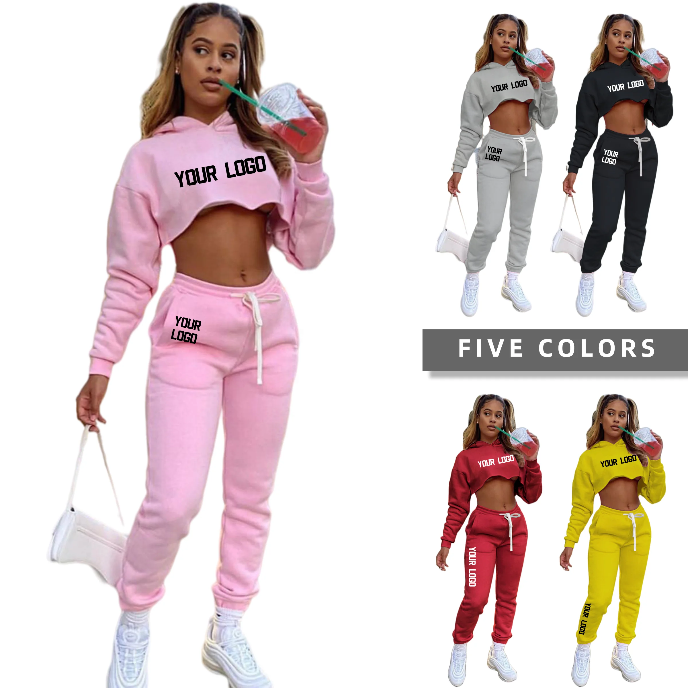 Custom LOGO hooded Tracksuit Sweatshirt Crop top Hoodies Sweatpants and Sweatshirts Sweat Suit Set Women winter