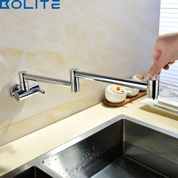 Folding Telescopic Pot Mounted Faucet With Double Joint Rocker Arm Wall Mounted Black Kitchen Faucet