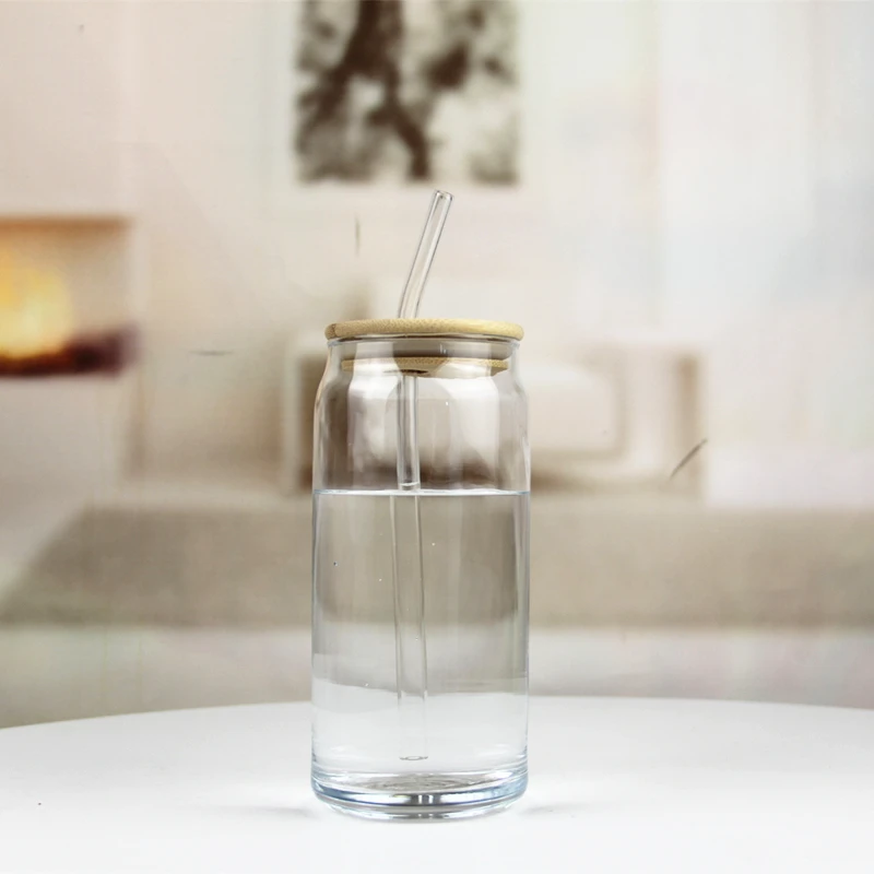 wholesale custom beer can shaped drinking glass coke glass cup with straw bamboo lid
