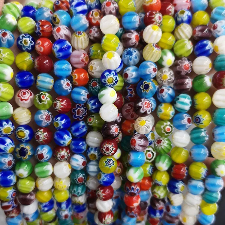 GP0954 Rainbow Multicolor Flat Lampwork Glass Flower Floral Round Ball Beads for Jewelry Phone Chain Straps Making