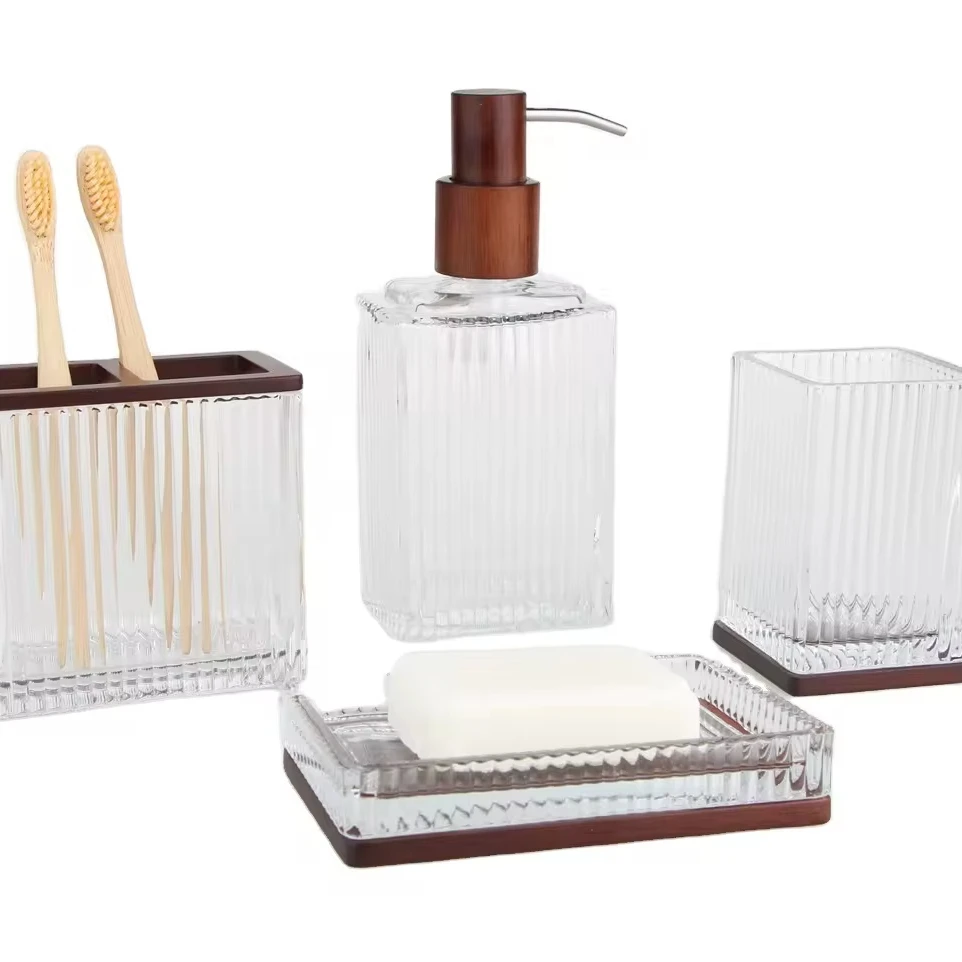 2024 New Style Fashion Wood & Glass Bathroom Set Accessories Sets Fancy Tumbler Dispenser Soap Dish
