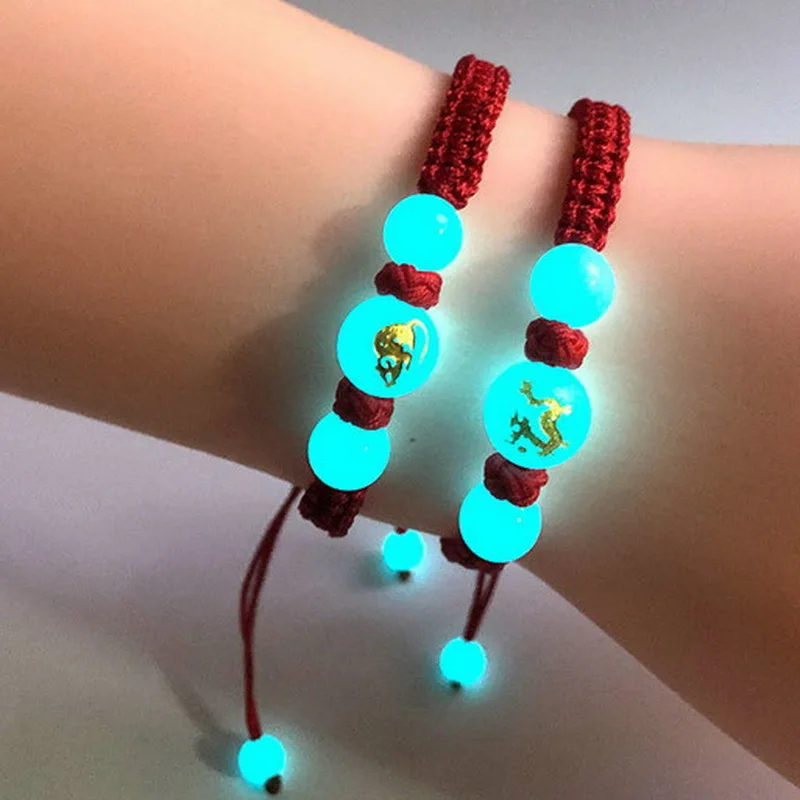 Rinhoo Luminous Beads 12 Chinese Zodiac Signs Charm Bracelets Vintage Handmade Braided Black Red Rope Bracelet Birthday Gifts