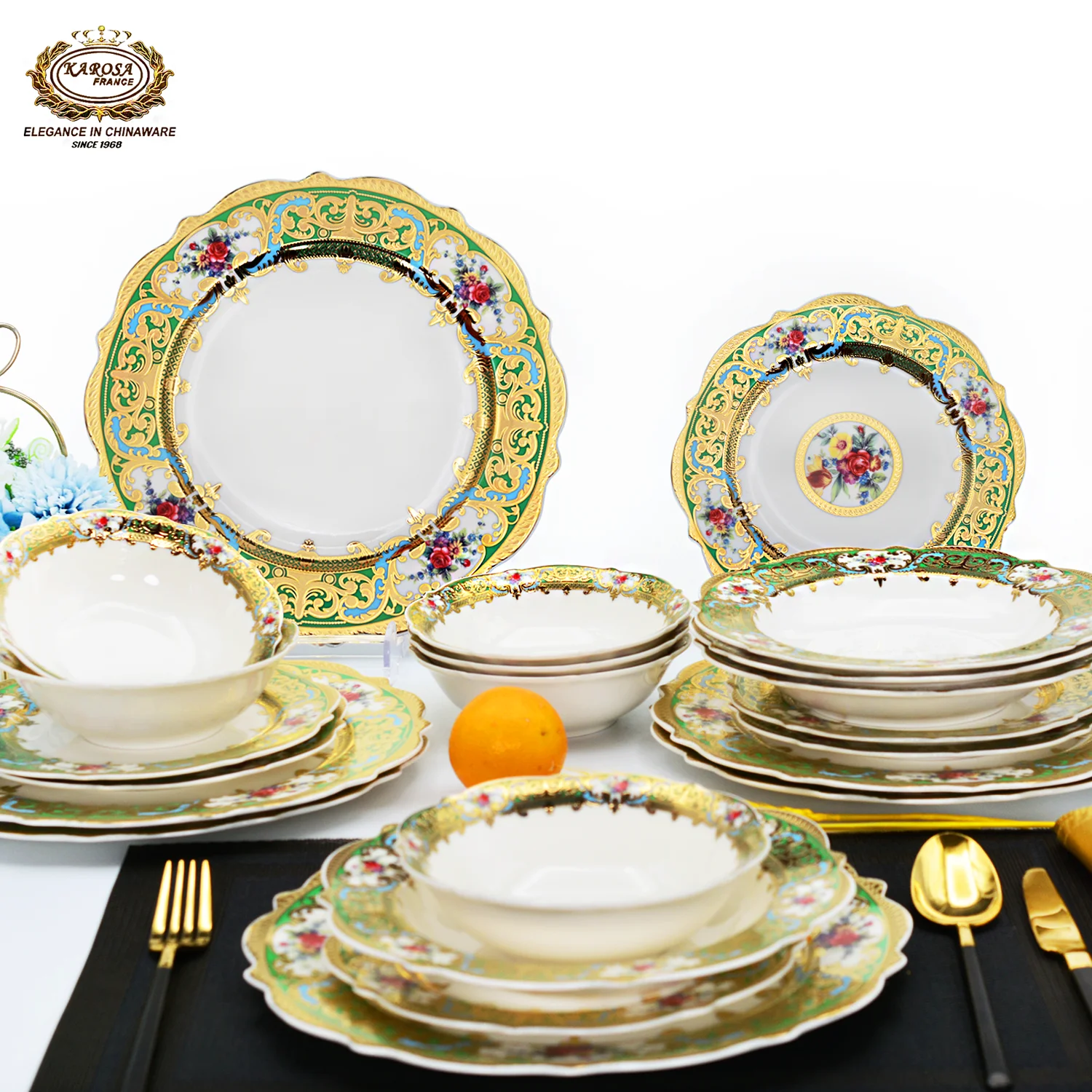 karosa 24pcs tableware including plates and bowls colorful festival golden bone china luxury dinner sets