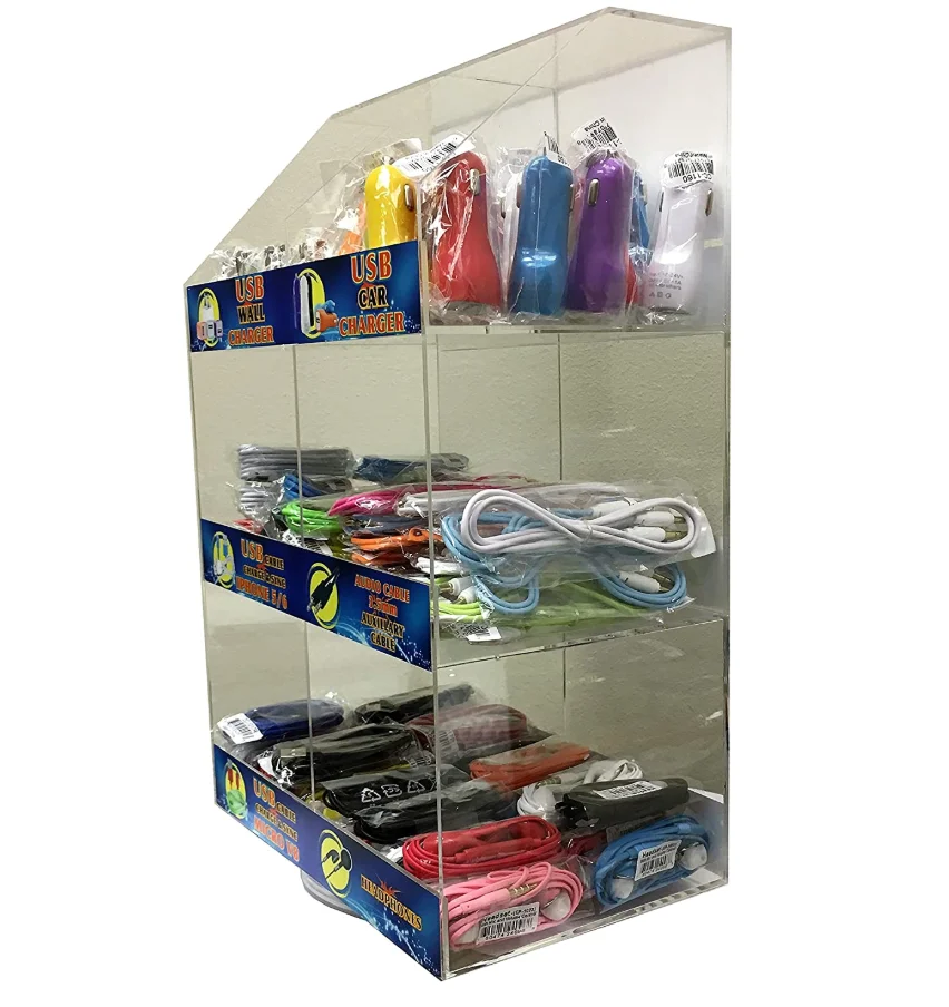 120 Pcs Wholesale Cell Phone Accessories Counter Top Display Rack with Universal USB Car Chargers, Home Adapters, Data Cables fo