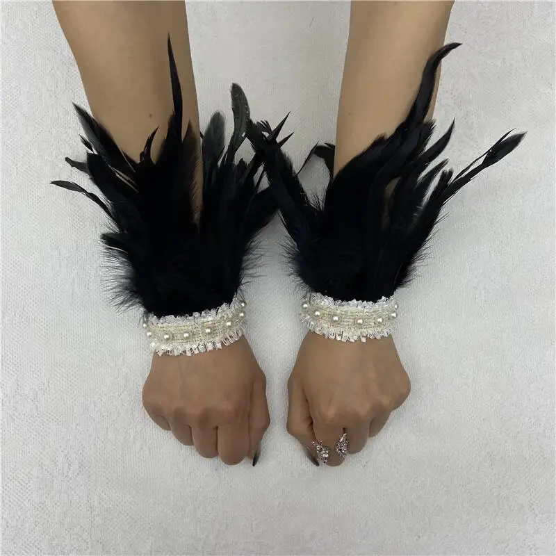 Feather Bracelet Pearl Lace Chicken Feather Bracelet Cuff Halloween Costume Accessories