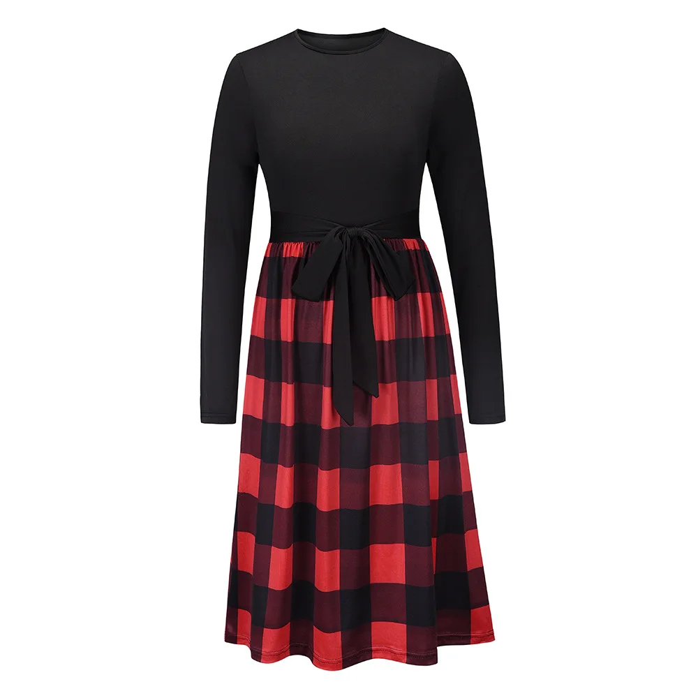2021 Autumn O-neck Long Sleeve Scotch Dress Women Red Plaid Dress Womens Formal Dresses Elegant