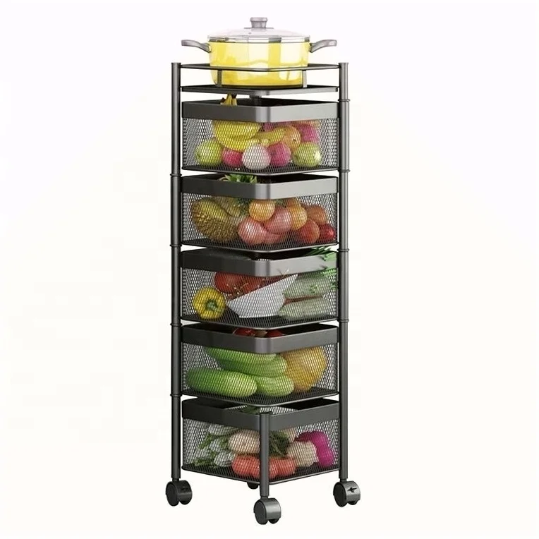Metal Adjustable Removeable 3-Tire 5-Tire Multifunction Rolling Utility Cart Rotating Kitchen Basket Storage Rack With Wheel