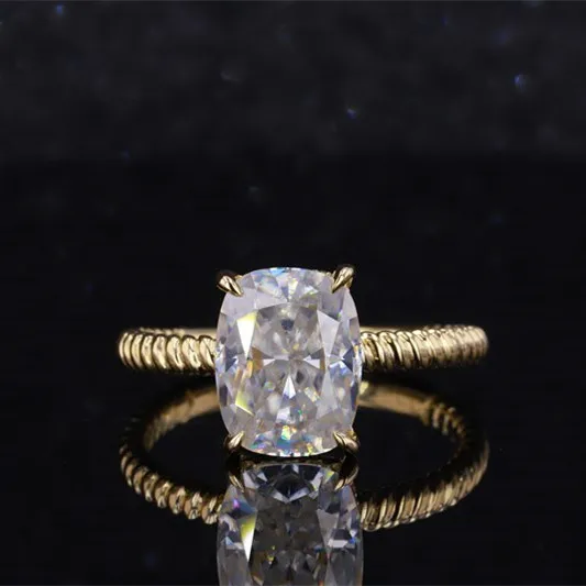 10K yellow gold cushion crushed ice moissanite ring with twist band