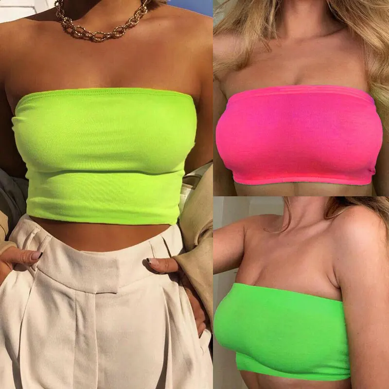 Sexy Neon Solid Color Strapless Tops Seamless Wireless Bandeau Bra Tube Top Women Chest Wrap Crop Top