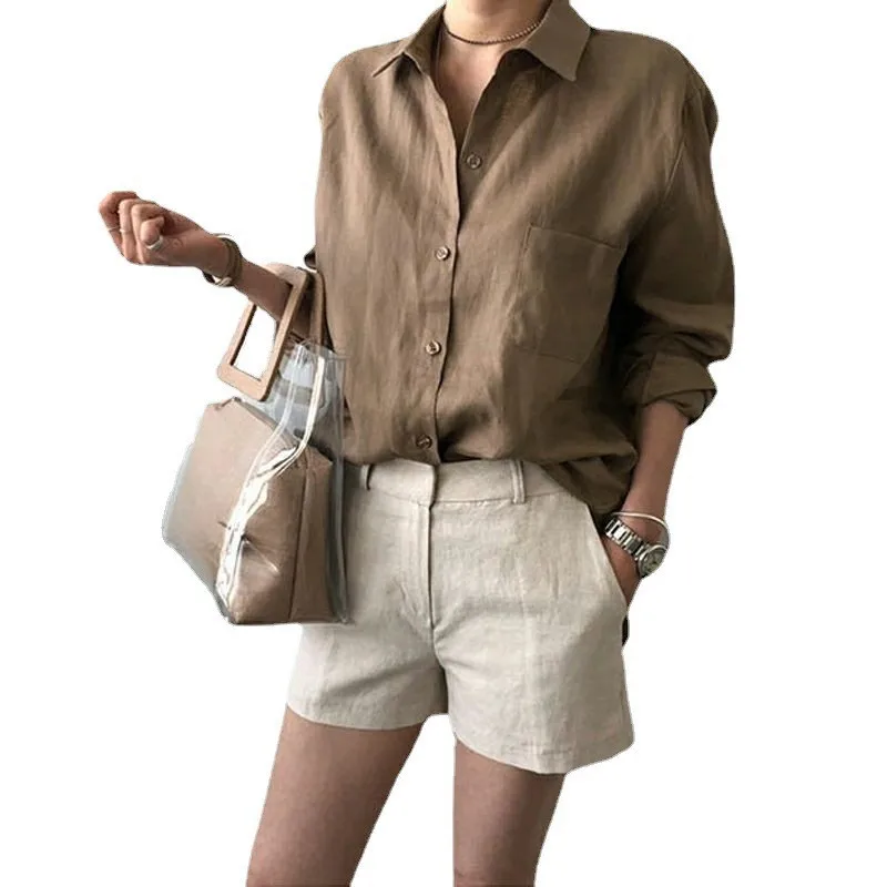 wholesale women linen shirt 100% linen shirts long sleeve casual officewear loose spring shirt