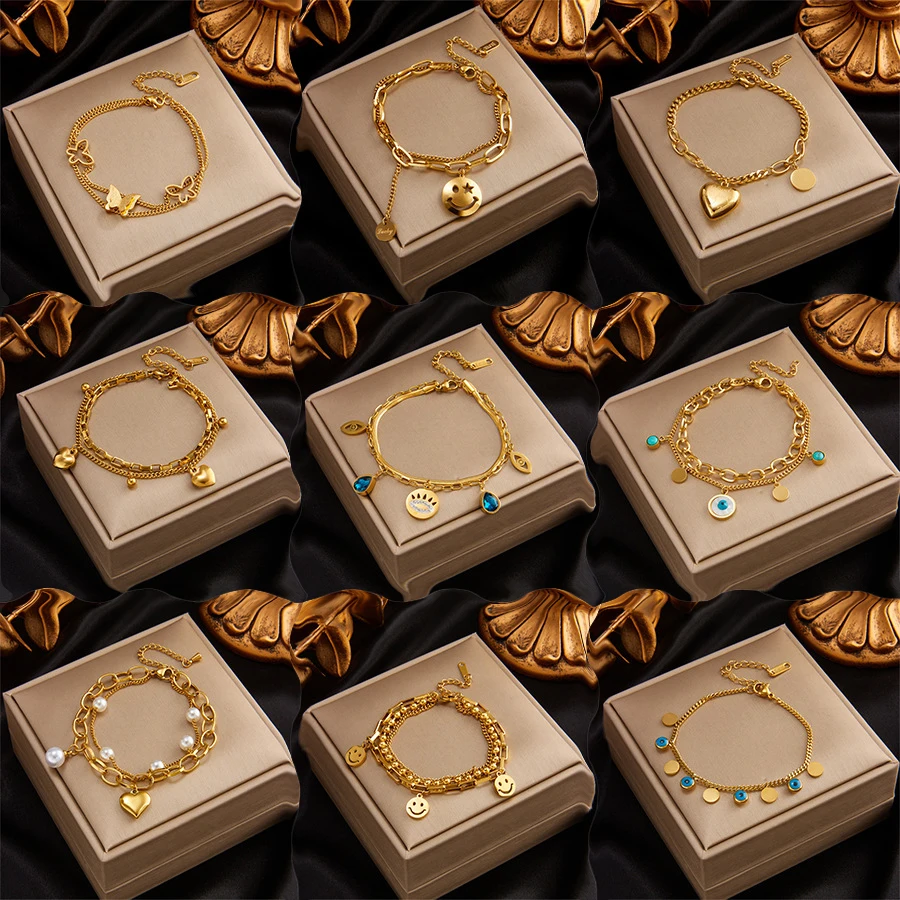 Dainty Heart Charm Bracelets Stainless Steel 18k Gold Plated Butterfly Heart Smile Chain Wristband Gift for Women Toggle Clasp