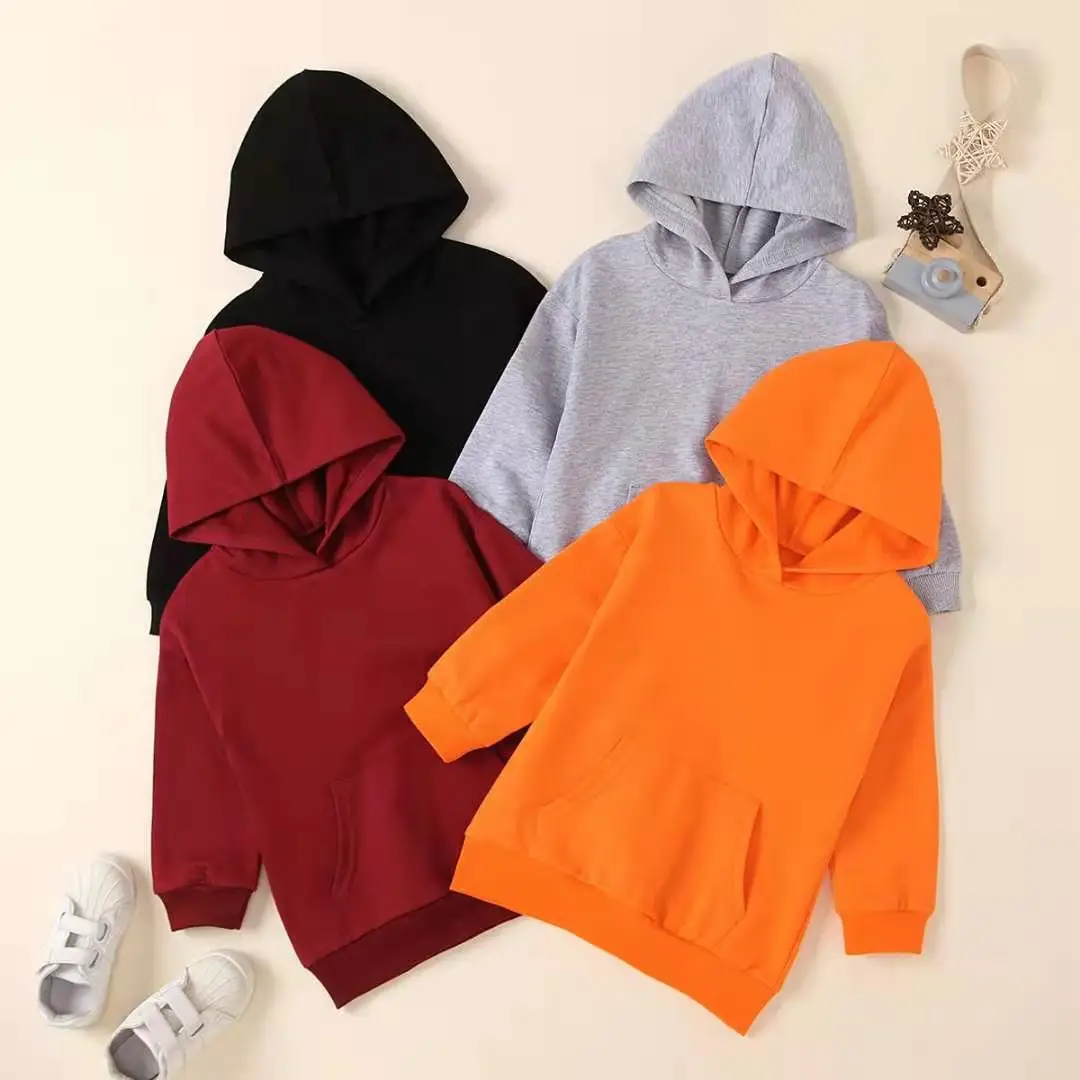 
Spring autumn soft cotton children pullover tops plain color casual hooded kids sweatshirts 