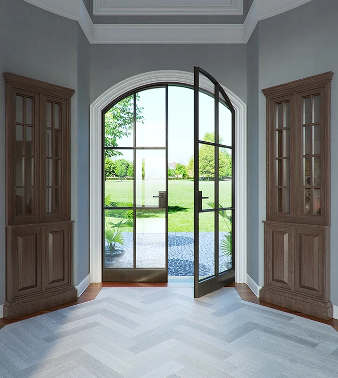 Wholesale matte black commercial double glaze interior french iron steel door with grid