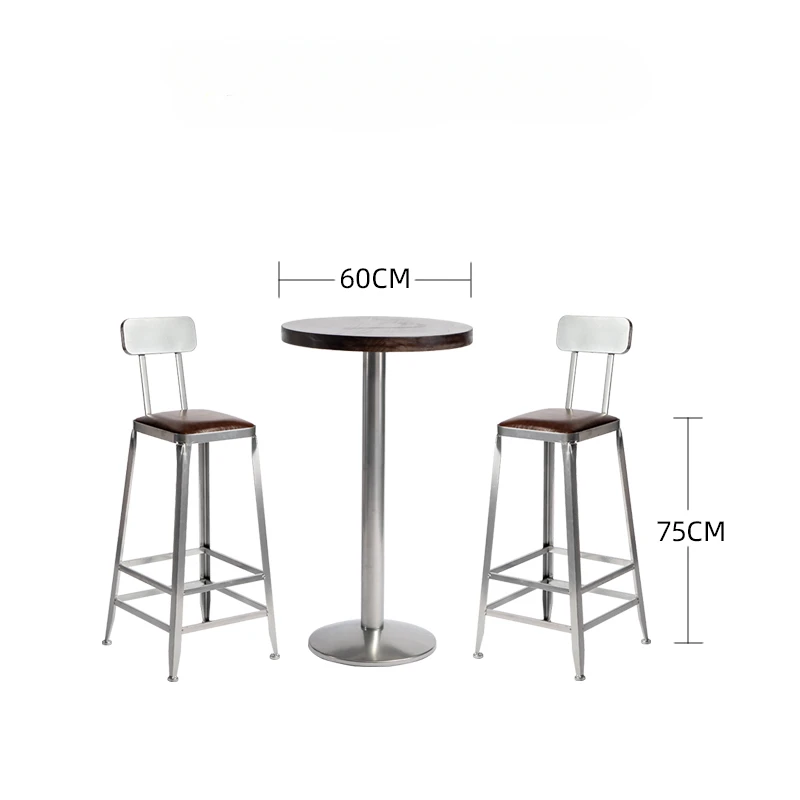 Metal Solid Wood Back High Bar Chairs Industry Style Bar Table And Chair Silver Metal Bat Set