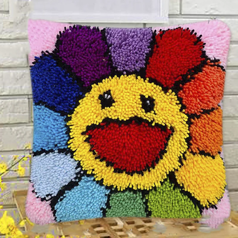 Custom DIY Yarn Art and Craft Pre Printed Canvas Throw Pillow Cover Sunflower Latch Hook Kits for Adults Pillow