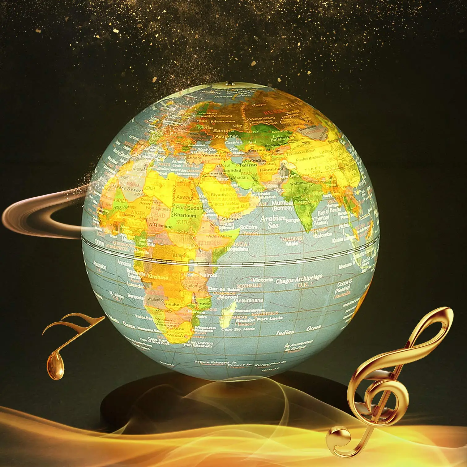 Dipper Rotary music box World Globe,dark blue World Map Globe for School Classroom Teaching Aids Home Desk Decor