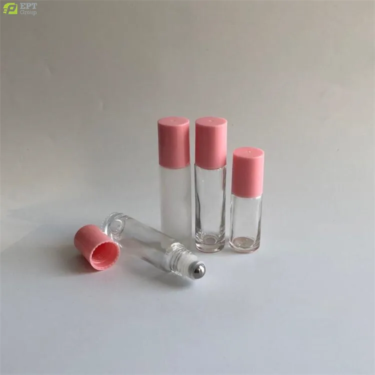 5ml 10ml 15ml Travel Reusable Clear Thick Glass Lip Gloss Roll On Vial With Steel roller Pink Cap