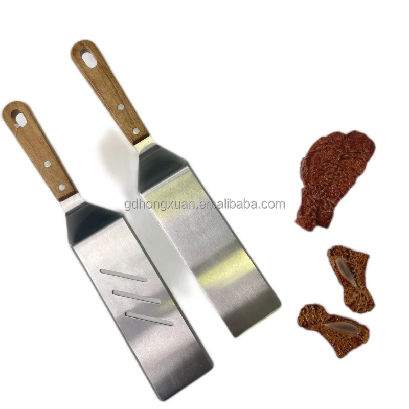 Solid wooden handle grilling teppanyaki tools set extra thick spatula scraper tongs stainless steel  hamburger pizza turner