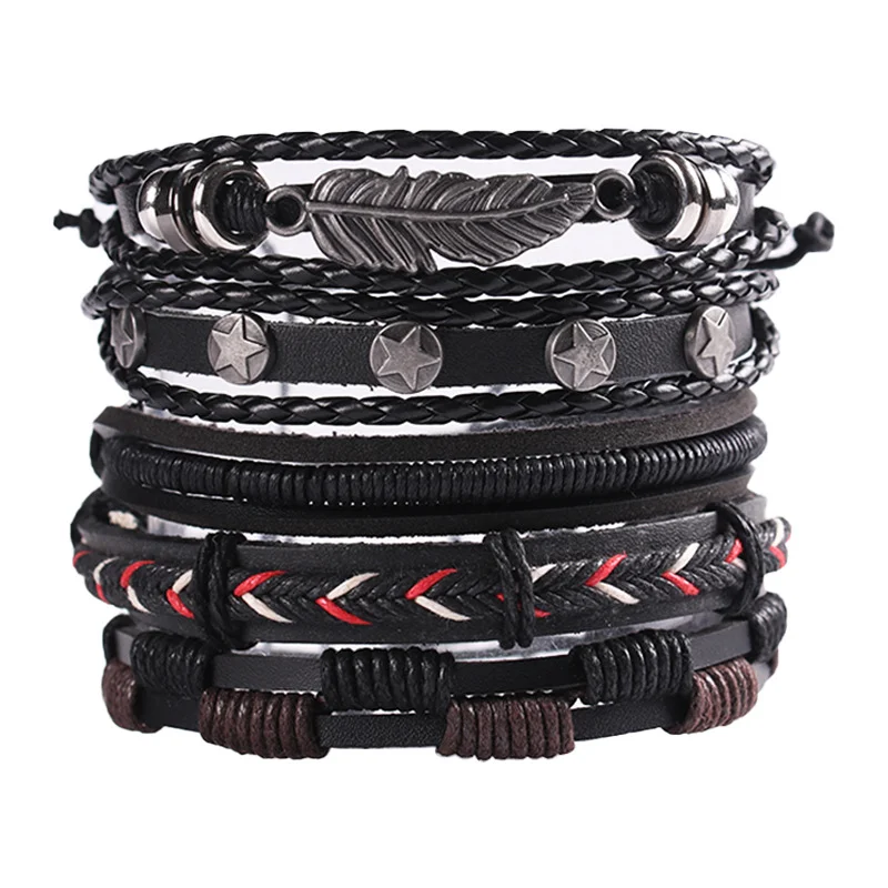 54 Designs Vintage Leaf Feather Multilayer Leather Bracelet Men Fashion Braided Handmade Star Rope Wrap Bracelets & Bangles Male