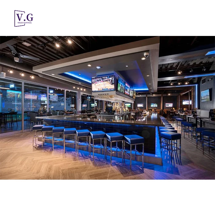 Custom Square Shape Solid Surface Stone Golf Club Restaurant Bar Stainless Steel Brick Bar Counter