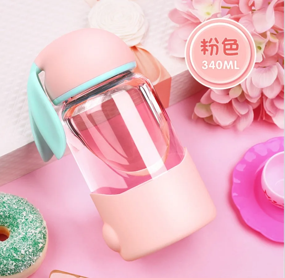 Rabbit ear shape High borosilicate glass with pp cup sleeve water bottle