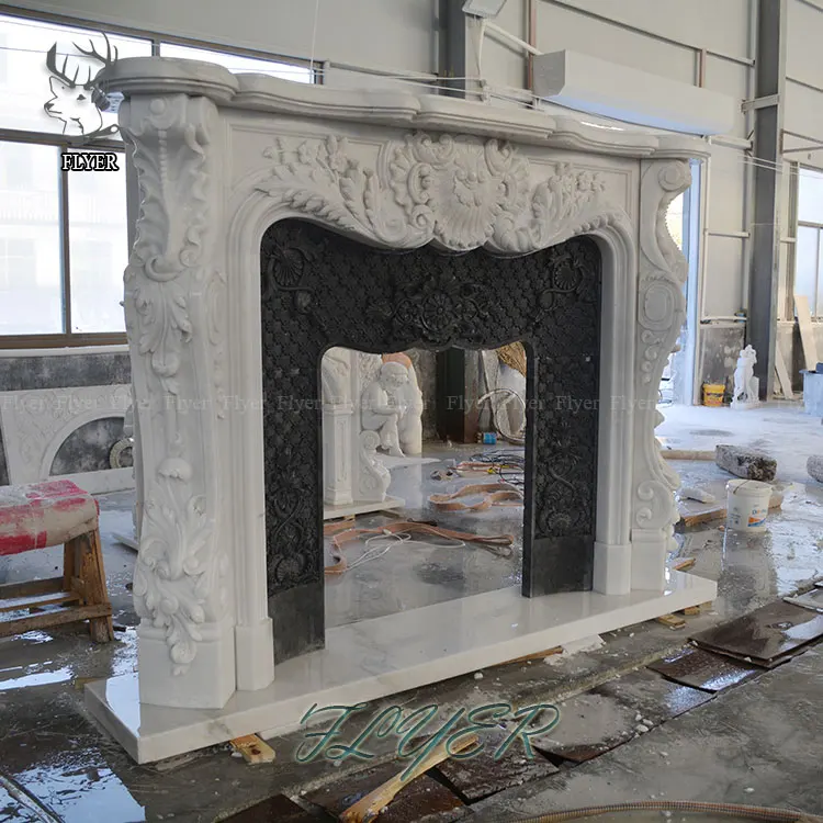 French Style Home Decor Arabescato Marble Fireplace Mantel Custom Stone Fireplace Surround Carving
