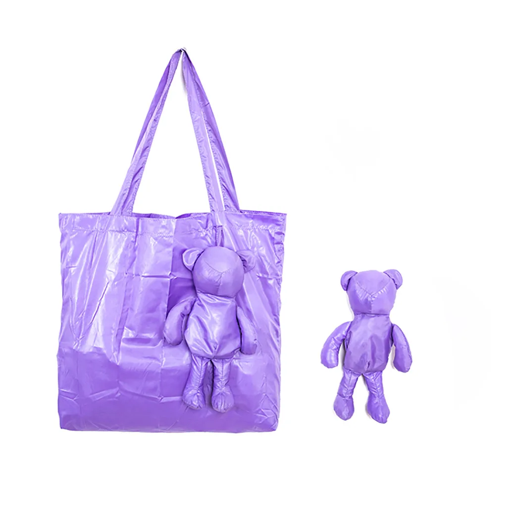 Custom recycled reusable bear doll shopping bags with logos foldable polyester nylon gift bags eco storage grocery tote bag