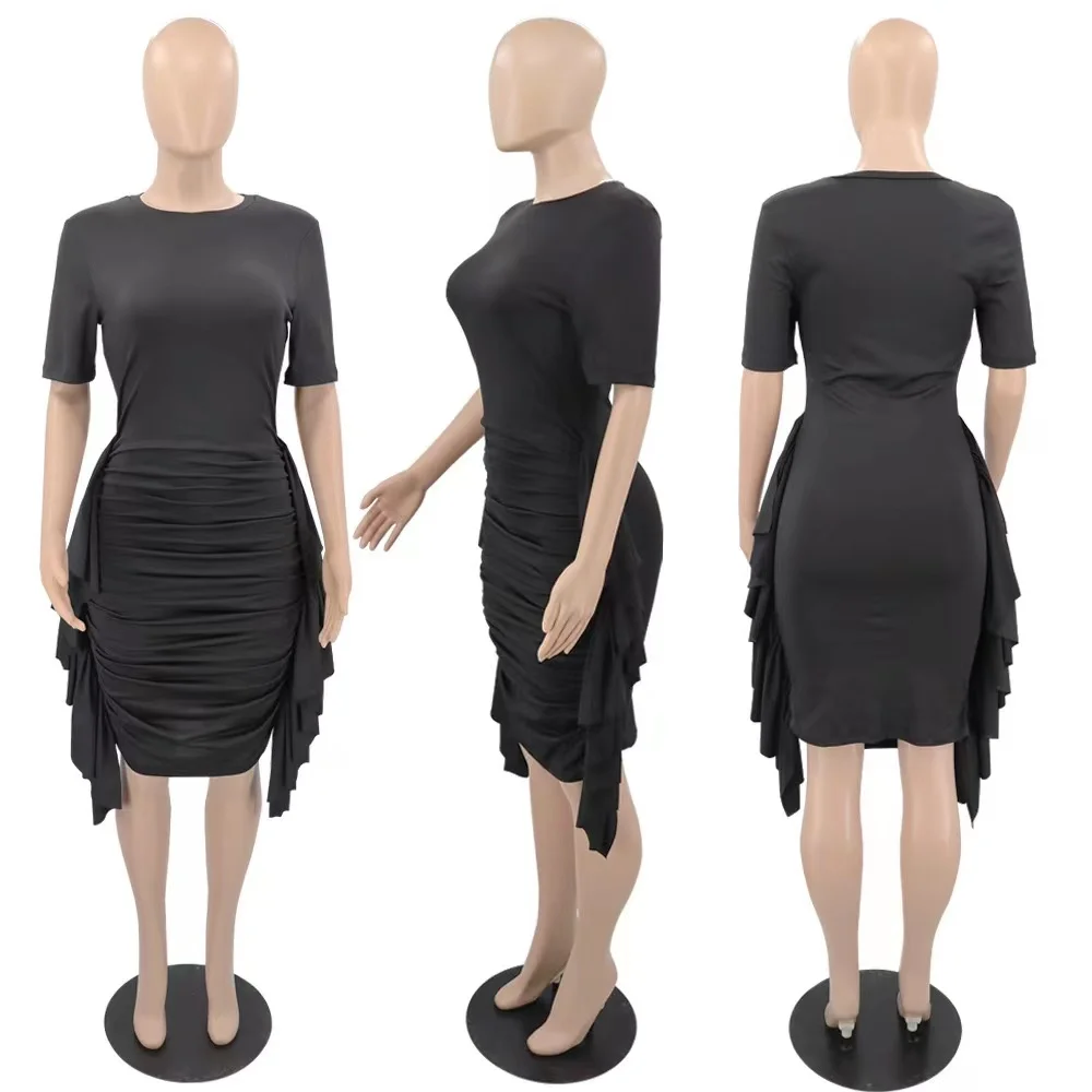 J&H 2022 summer short sleeve career dresses ladies elegance bodycon ruched dress with side fringe causal dress chics for women