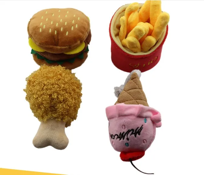 Wholesale chicken leg Hamburg French Fries Donuts Ice Cream Squeak Pet plush toy Chew Plush Dog Toys