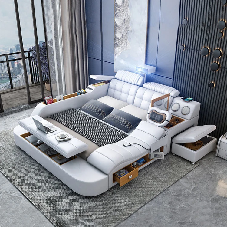 China modern top leather modern bed with computer soft table and projector
