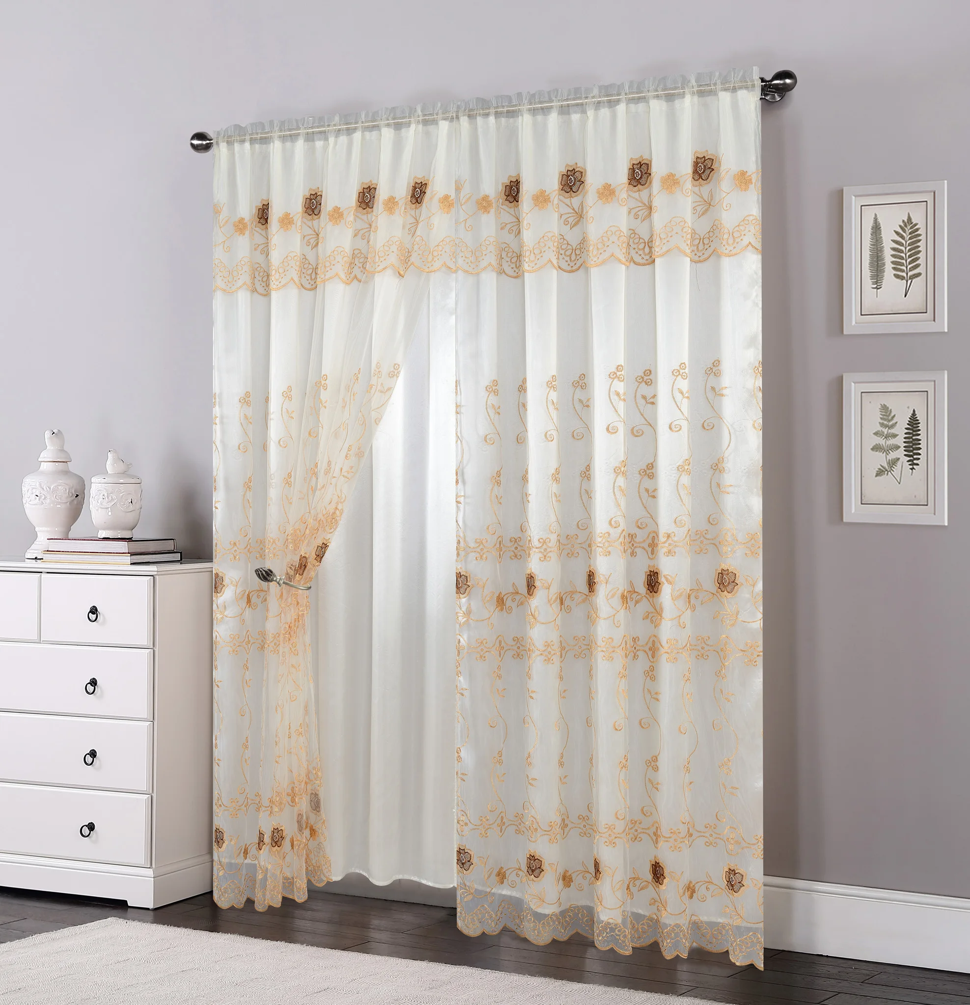 New double layer wholesale window curtain elegant sheer embroidery tulle ready made curtain for home decor