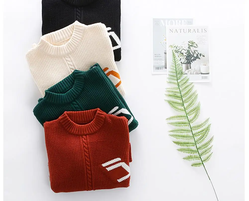 
Boys sweater spring and autumn winter round neck high collar plus velvet thick knit bottoming shirt 