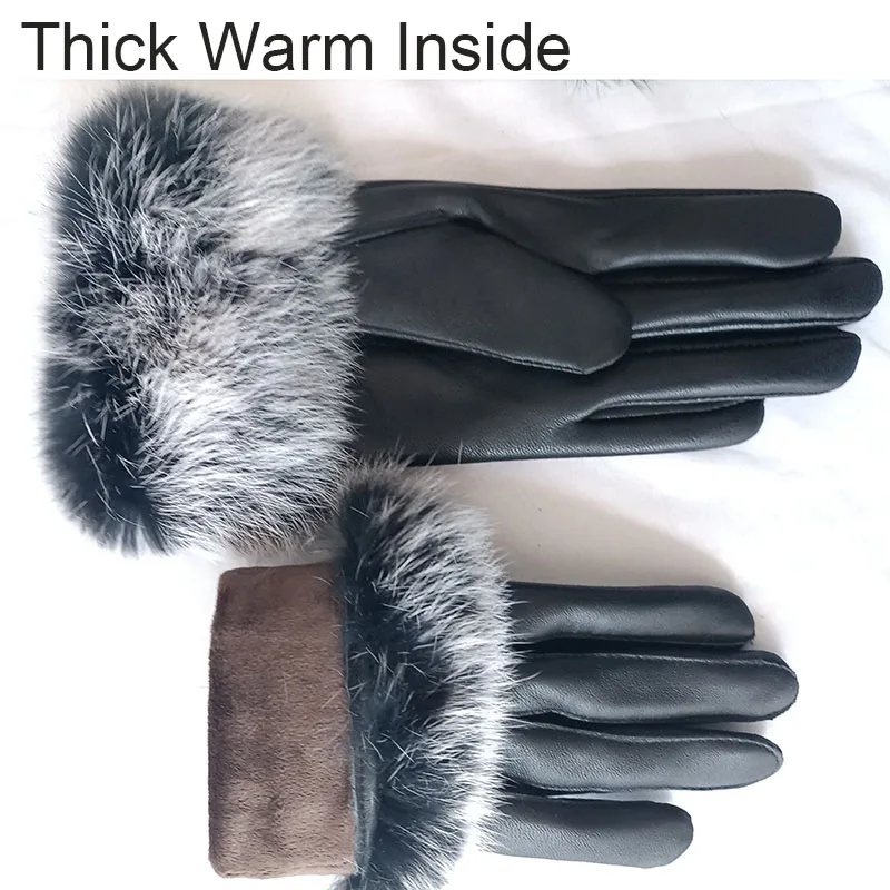 2024 Women Winter Real Sheepskin Gloves With Real Fur Cuff Warm Ladies Genuine Fur Trim Leather Glove Female Fashion Hand warmer