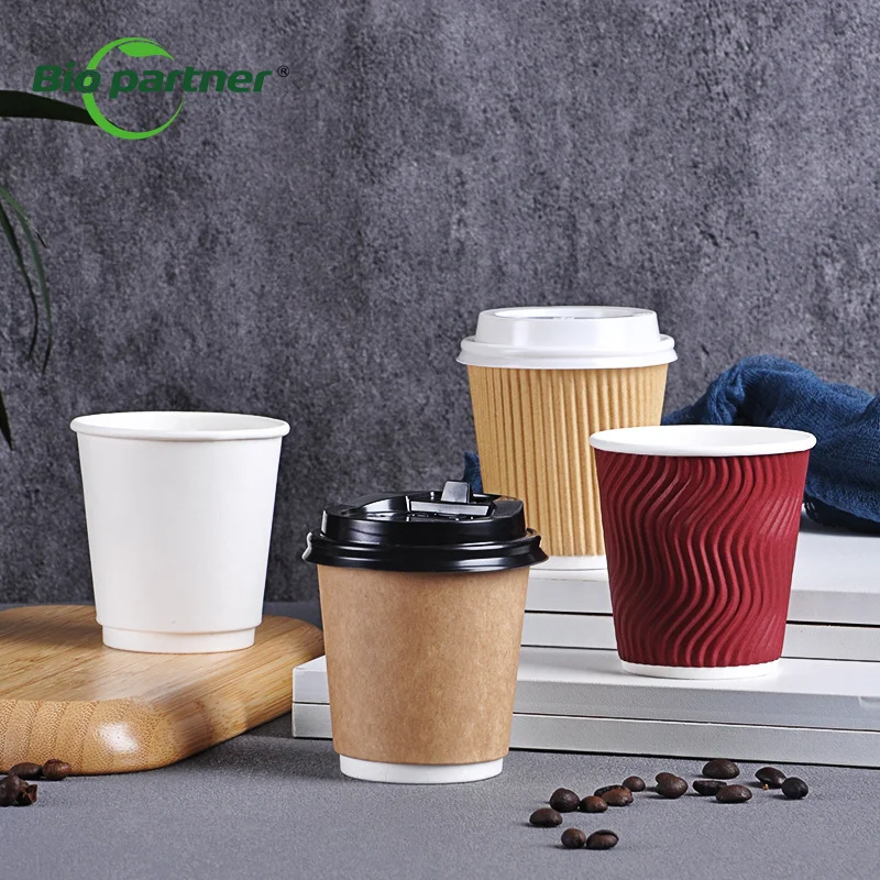 Custom Size Color Craft Paper Cup Disposable Takeaway Ripple Double Corrugated hot drink ripple Espresso coffee with lid