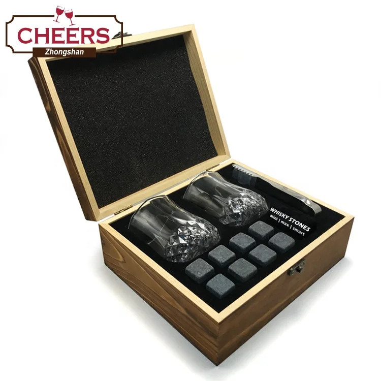 Подарочный набор с камнями виски от производителя, 2 хрустальных бокала, 8 ледяных камней, щипцы для льда, бархатная сумка в элегантной деревянной коробке