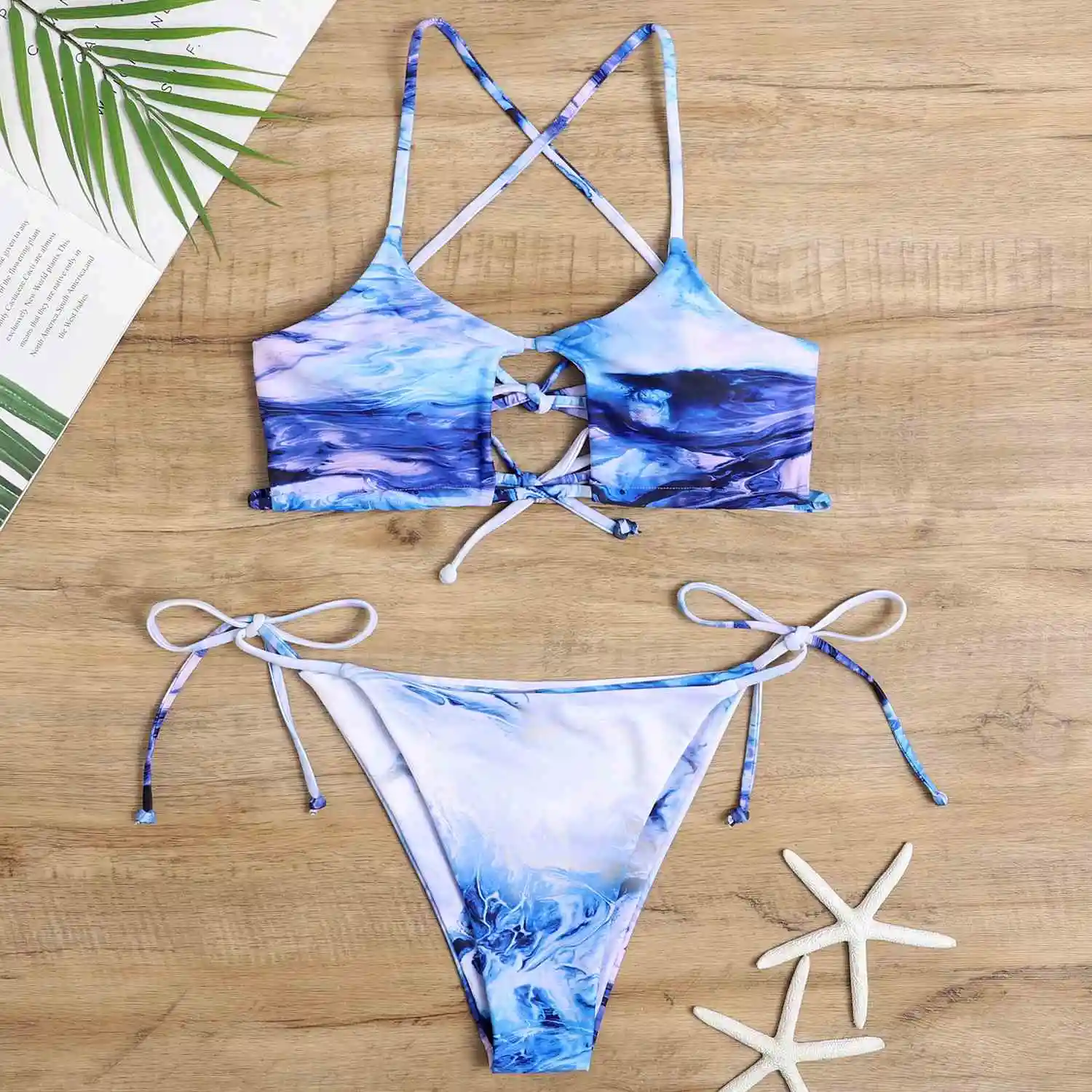 New Ladies Swimwear Sexy Open Back Tether Triangle Split Swimsuit Bikini for Women Adults Customized Logo Printing 2pcs T/T