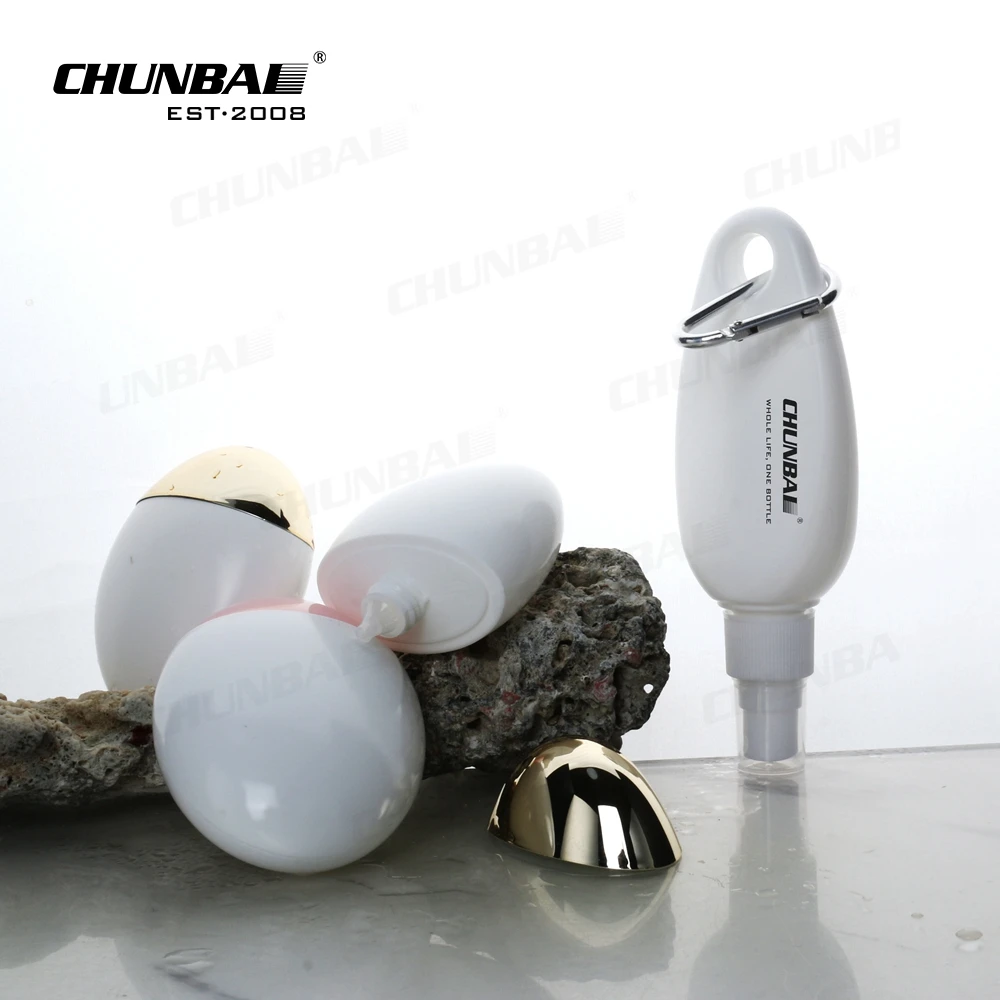 Factory Outlets 30ml Travel Size Egg Shape Bag Chain Empty Custom BB Cream Lotion Sunscreen Hanger Plastic Bottle With Carabiner