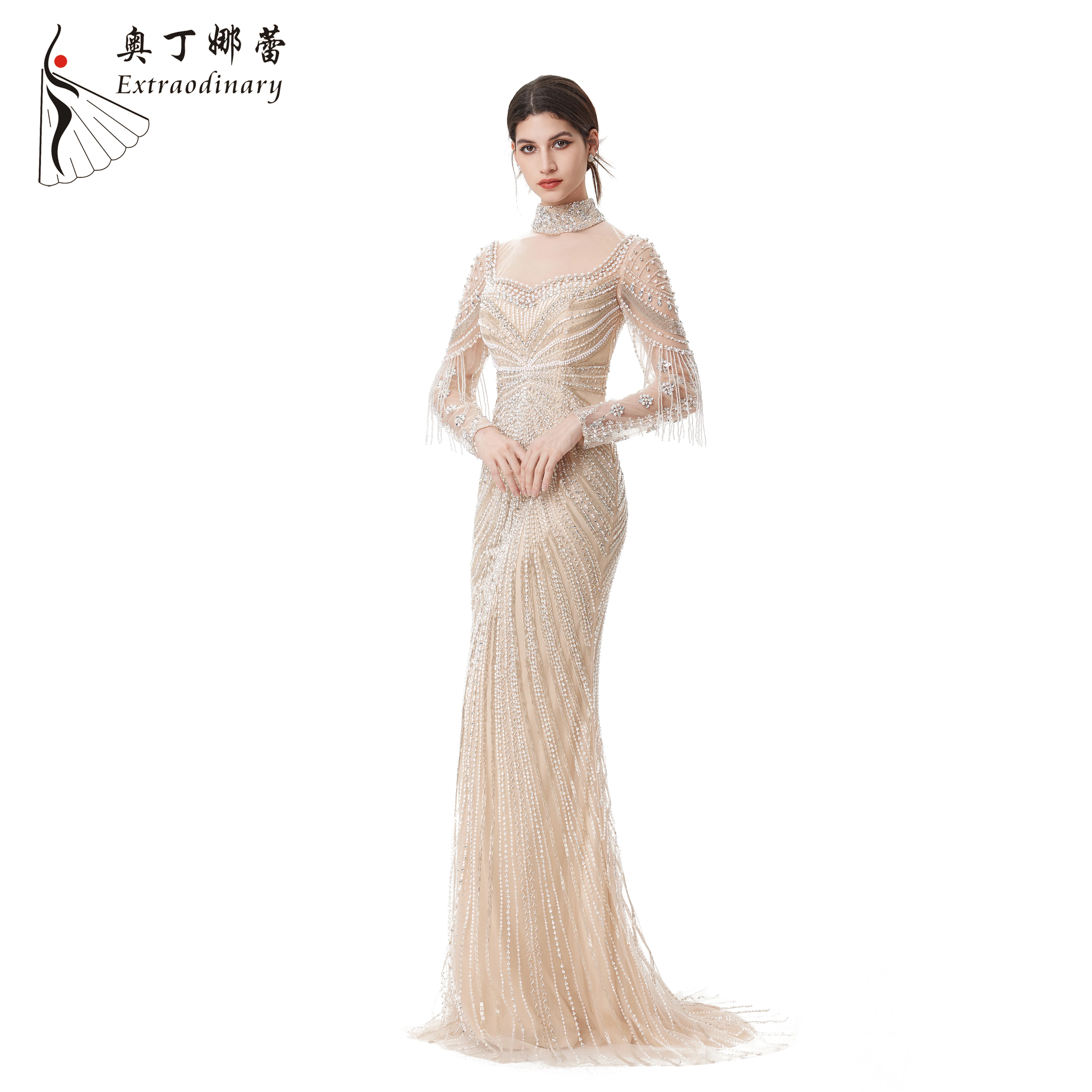 Champagne Long Sleeve Dubai Mermaid Wedding Dress Muslim Evening Dresses Luxury Tassel Beaded Party Gowns
