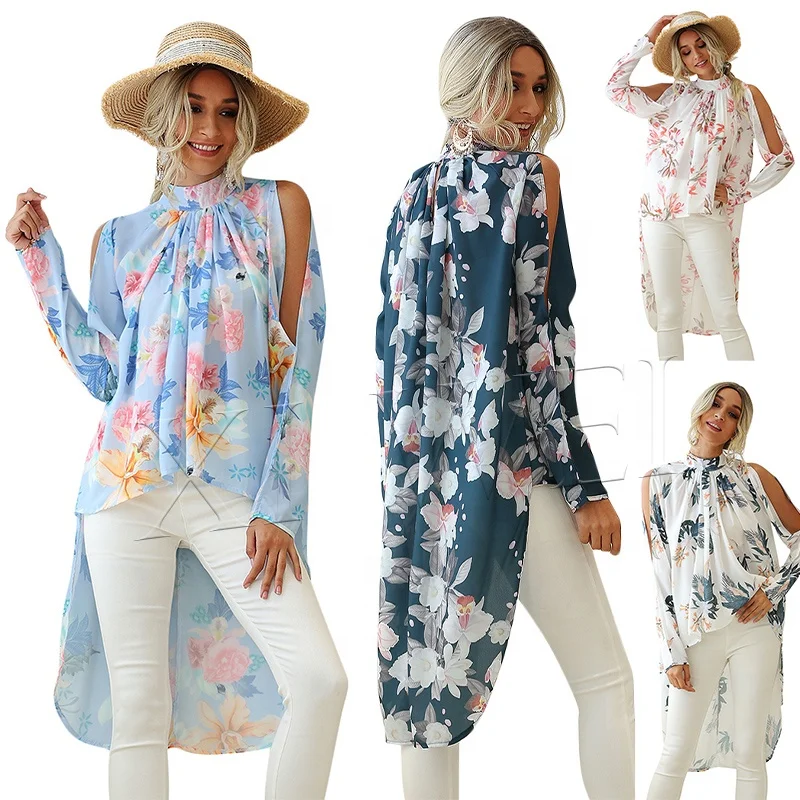 Женская шифоновая блузка с цветочным принтом, асимметричная пляжная блузка с открытыми плечами и длинным рукавом, лето 2021