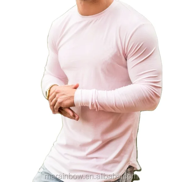 95% Cotton 5% Elastane Mens Long Sleeve Fitted T-Shirt Elongated Gym T Shirt Longline Curved Hem T Shirt OEM