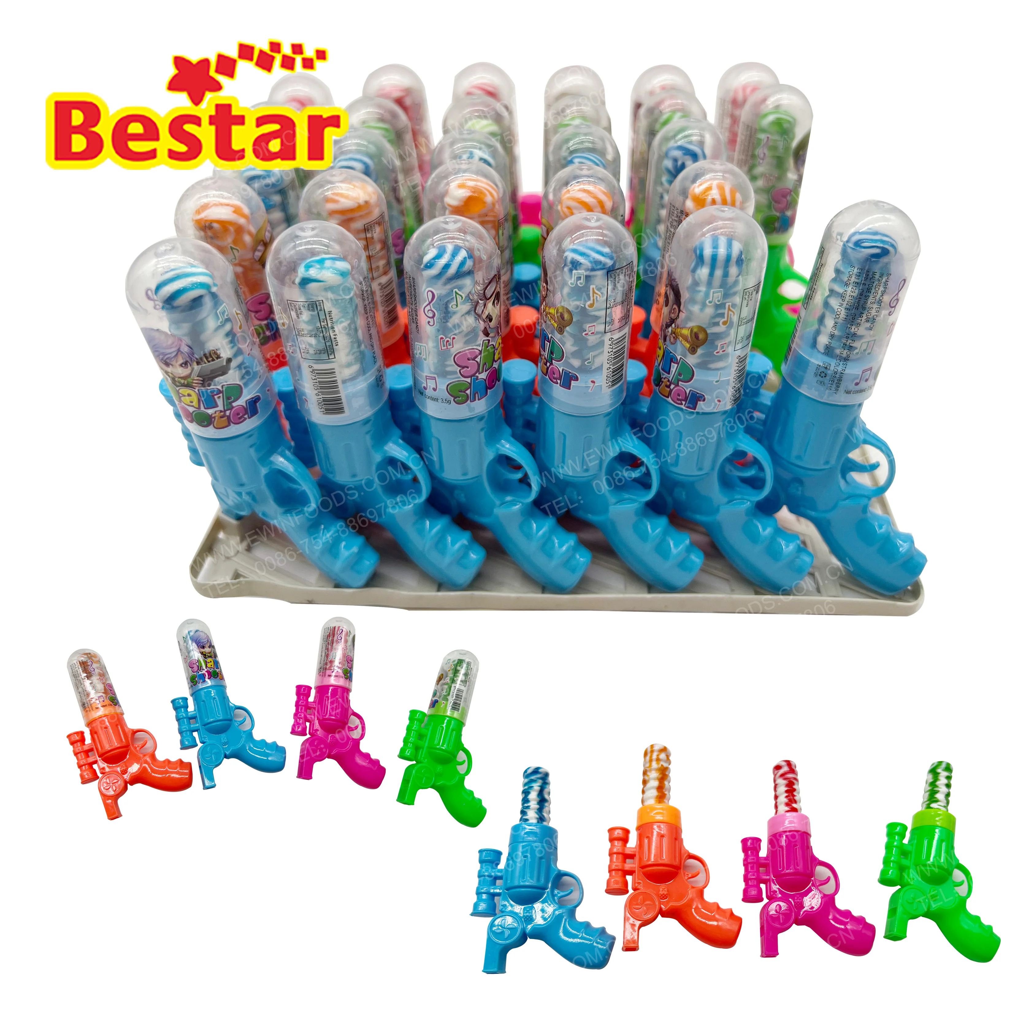 Gun toy candy in tray with whistle four fruit flavors lollipop candy swirl 30pcs funny shape Halal hard candy