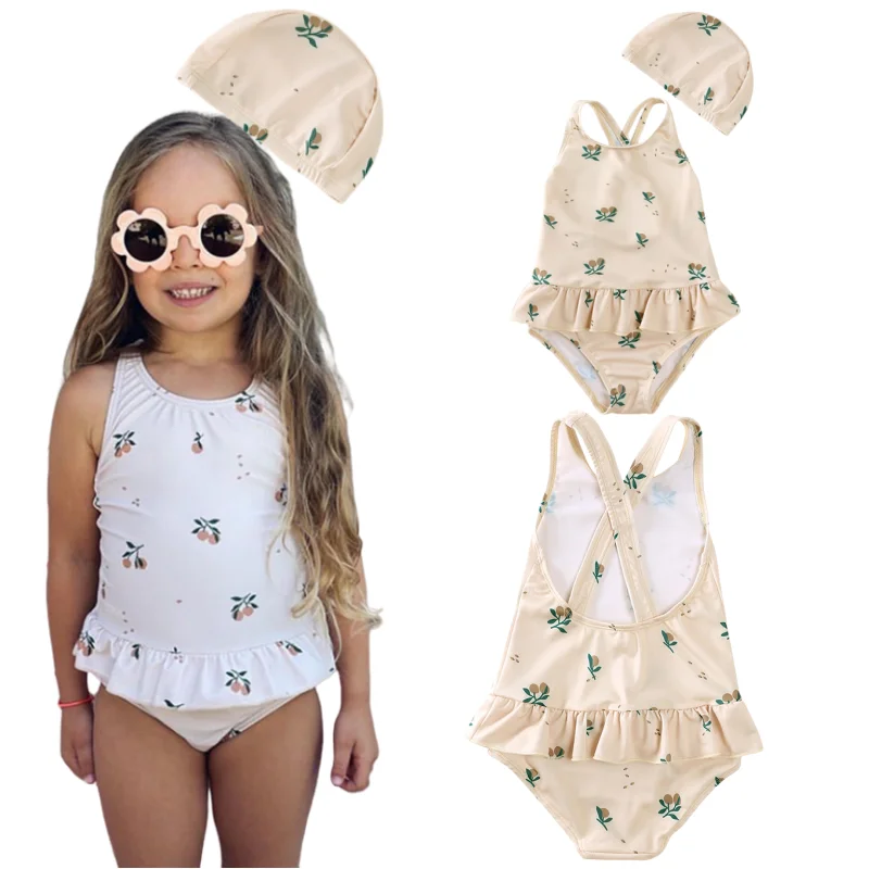 9M-10Y Skin-friendly one-piece with bathing cap Girls cute backless floral swimsuit baby cartoon Baby bikini swimsuit