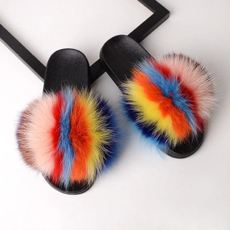 2020 customized Color matching wholesale fur slides fluffy fox slippers  purse real fox fur slippers women Raccoon fur