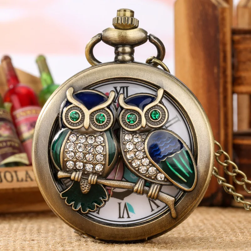 Charming Diamond-encrusted Luxury Owl Golden Handicraft Artwork Hollow Quartz Pocket Watch Necklace Sweater Pendant Chain Clock