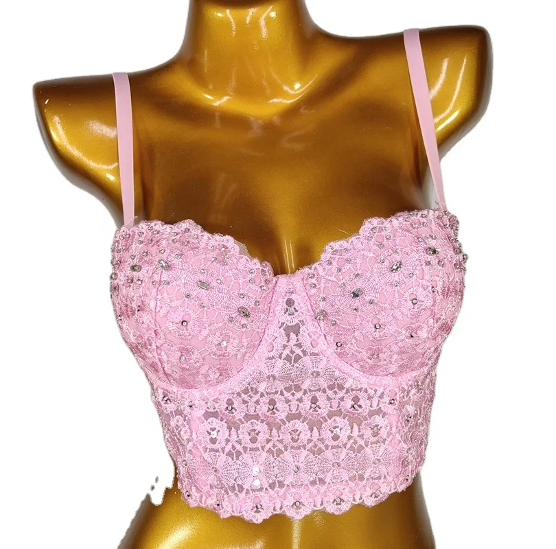 Розовые кружевные вышитые бисером Горячие сексуальные женские корсеты пуш-ап Топы Бюстье