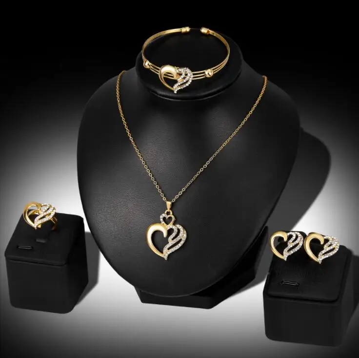 Fashion Austrian Crystal Love Heart Jewelry Sets for Women Necklace Earrings Bangle Ring Bridal Wedding Sets