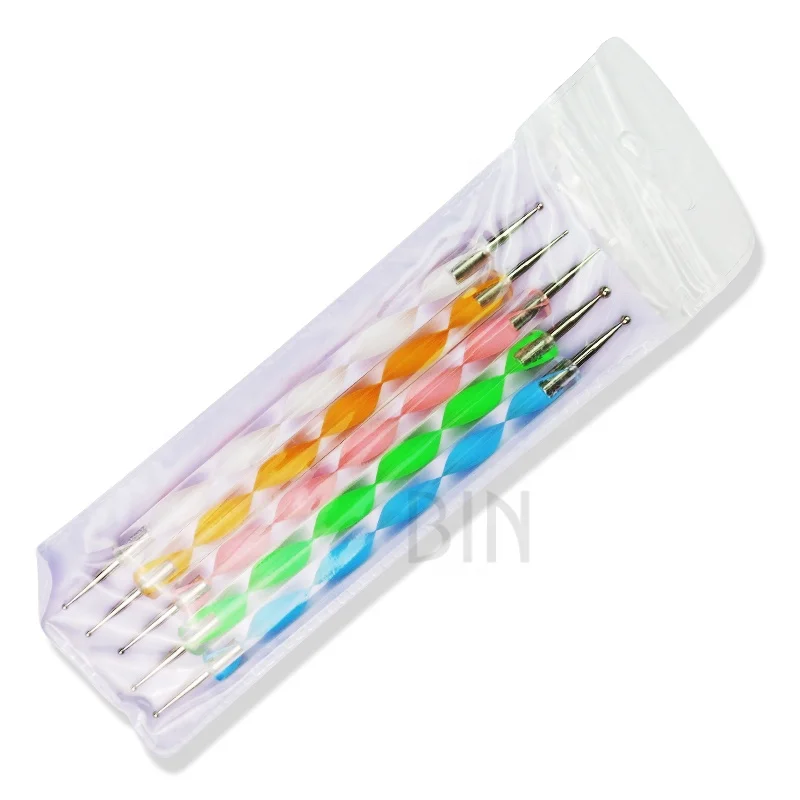 BIN Colorful 5pcs Dual Heads Acrylic Metal Wax Pen Rhinestones Nail Art Dotting Pen for Manicure