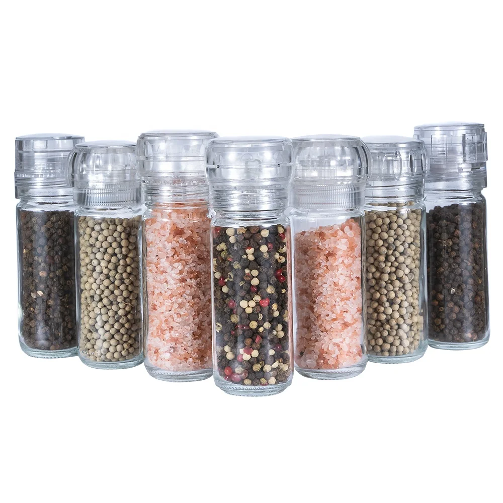 Wholesale 100ml Small Glass Spice Packing Bottle 3oz Ceramic Pepper Mill and Plastic Salt Grinder Lid Manual Grinding