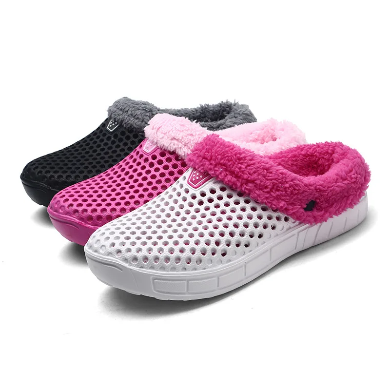 Wholesale Unisex New Winter Slip On Fur Lined Clogs Garden Shoes Men Women Black Comfortable Warm Furry Clogs With Fur